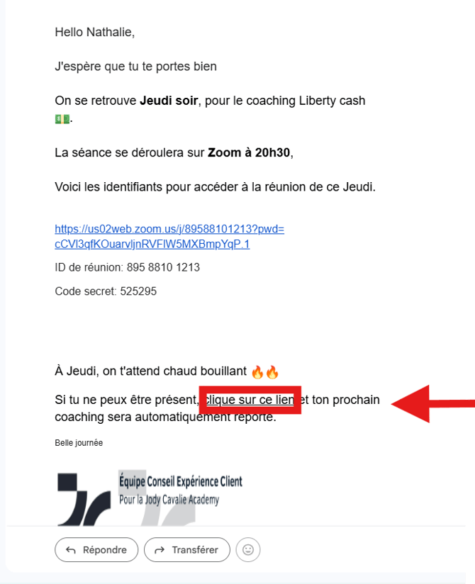 Capture décran Report de coaching